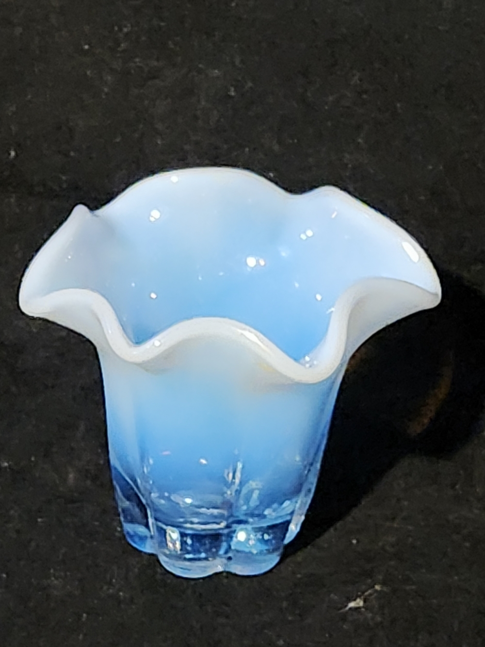 Vintage Blue Opalescent Ruffled Mini Glass Vase / Toothpick Holder